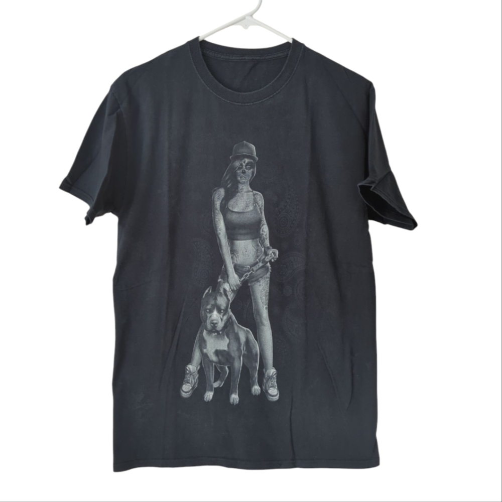 Sugar Skull Tattoo Woman with Pit Bull Short Sleeve T-Shirt Small Unisex